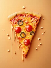 Poster - Stylized pizza slice with cheese drips and vibrant toppings on minimalist background. Generative AI
