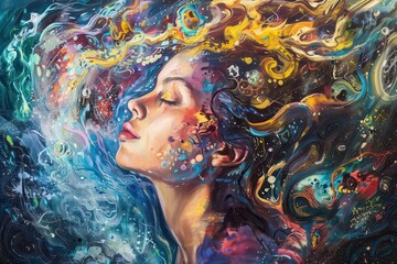 Fototapete - Colorful portrait of a woman immersed in abstract art expressing emotion and creativity in a vibrant, dreamlike atmosphere