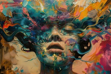Fototapete - Colorful portrait of a woman immersed in abstract art expressing emotion and creativity in a vibrant, dreamlike atmosphere