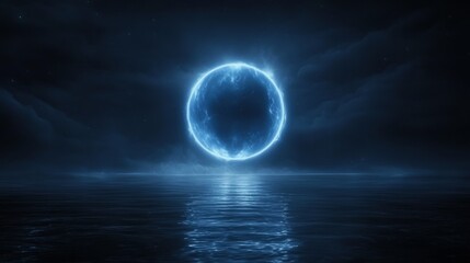 a blue glowing orb is floating in the dark blue water