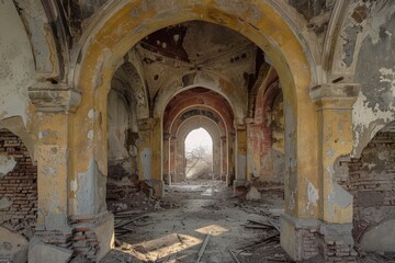 Poster - Abandoned structure with weathered arches and exposed brick walls at sunset in a deserted location