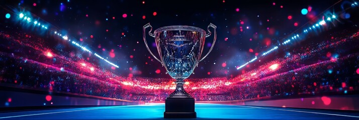 a trophy is displayed in a stadium with a crowd of people watching