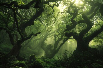 Poster - Mysterious forest pathway illuminated by gentle sunlight filtering through lush trees and vibrant foliage in a serene woodland setting