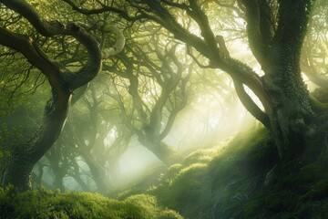 Poster - Mysterious forest pathway illuminated by gentle sunlight filtering through lush trees and vibrant foliage in a serene woodland setting