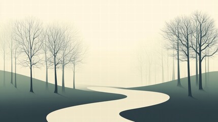 Poster - Winding path through a serene minimalist forest scene in soft colors and smooth lines. Generative AI