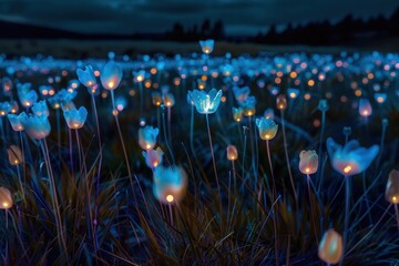 Poster - Glowing blue flowers illuminate a hillside beneath a starry night sky in a serene landscape view