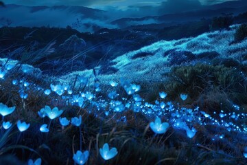 Poster - Glowing blue flowers illuminate a hillside beneath a starry night sky in a serene landscape view