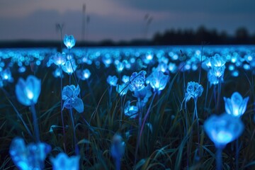 Poster - Glowing blue flowers illuminate a hillside beneath a starry night sky in a serene landscape view