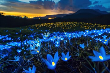 Poster - Glowing blue flowers illuminate a hillside beneath a starry night sky in a serene landscape view