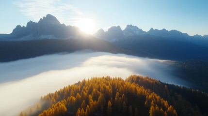 Wall Mural - majestic sunrise over the dolomite mountains with fog enveloping the valley and golden trees in autu