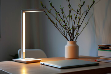 Aufkleber - Bright desk lamp illuminates a modern workspace with a potted plant during early evening hours