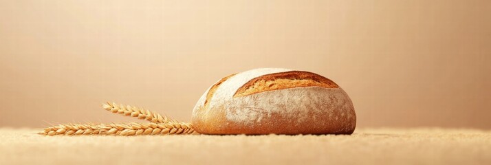 Fototapete - Minimalist bread loaf with wheat grains placed on soft surface for copy space and mock up creation. Generative AI