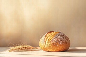 Fototapete - Elegant bread loaf with wheat grains placed on a minimalistic background ideal for text display or template use. Generative AI
