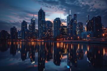 Fototapete - City skyline illuminated at dusk with reflections on water in a tranquil urban environment