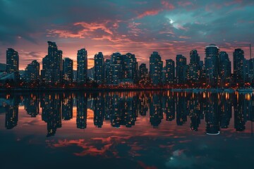 Fototapete - City skyline illuminated at dusk with reflections on water in a tranquil urban environment