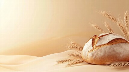 Fototapete - Unique bread loaf surrounded by wheat grains on a minimalist backdrop with copy space for text. Generative AI
