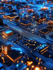 Fototapete - Futuristic Circuitry Background With Glowing Orange and Blue Lights : Generative AI