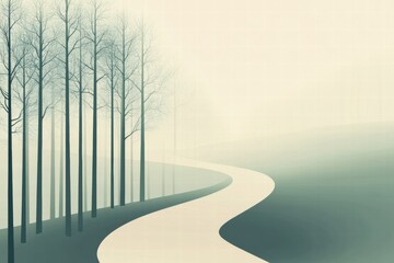 Poster - Minimalist forest path winding through misty trees invites peaceful contemplation and inspiration for creative projects. Generative AI