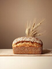 Fototapete - Minimalist bread loaf with wheat grains on wooden surface ideal for text placement. Generative AI