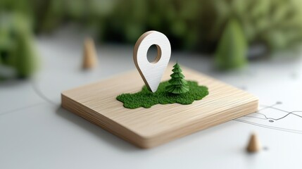 Wooden Map Marker on Green Landscape with Stylized Trees and Grass
