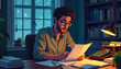 © Mikhael - Focused man reading document at desk in cozy nighttime study