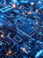 Poster - Futuristic Circuit Board CloseUp in Blue and Orange with Glowing Connections and Microchips : Generative AI