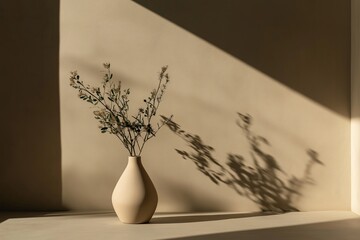 Wall Mural - A single teardrop-shaped vase with a dried flower on a neutral background