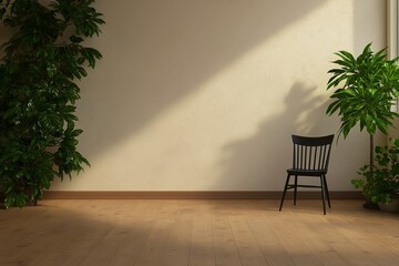 Wall Mural - A solitary black chair against an empty cream wall. 