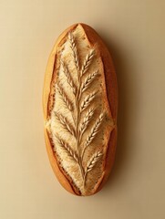 Poster - Minimalist bread loaf decorated with wheat grains on a neutral background. Generative AI