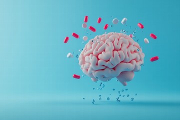Aufkleber - 3D model of a human brain surrounded by colorful pills on a blue background depicting health concepts and medication effects. Generative AI