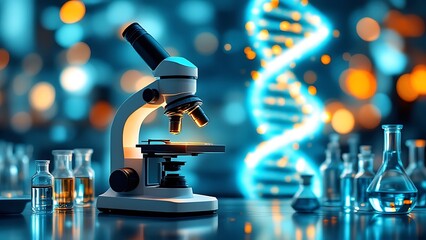 close-up of a microscope on a background of laboratory equipment and macro image of dna in an animat