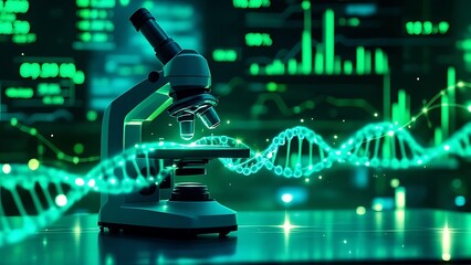 Biotechnology background with elements such as DNA strands, microscopes and molecular structures. Symbolizing the growth and success of technology.