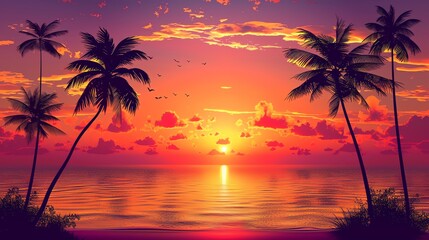 Wall Mural - A tropical sunset over a calm ocean with palm trees in the foreground.