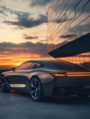 Aufkleber - Sleek luxury car parked in a modern setting during sunset with stunning reflections on the building. Generative AI