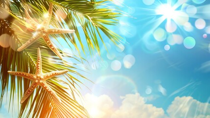 Wall Mural - Starfish on a palm frond with a bright, summery sky in the background.