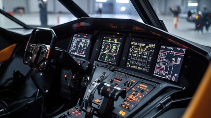 Modern aircraft cockpit interior with advanced digital displays and controls.