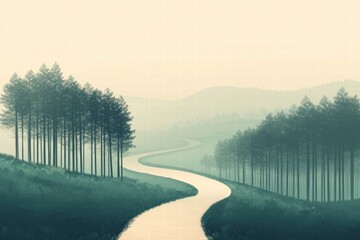 Leinwandbilder - Winding forest path leads into a serene and tranquil misty landscape at dawn or dusk. Generative AI