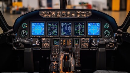 Modern aircraft cockpit with advanced digital displays and controls.