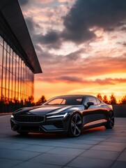 Poster - Luxury car parked under a vibrant sunset in a sleek modern setting showcasing elegance and design. Generative AI