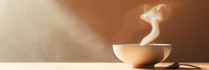 Leinwandbilder - Warm and inviting soup bowl with steam curls on minimalist wooden surface during cozy indoor setting. Generative AI