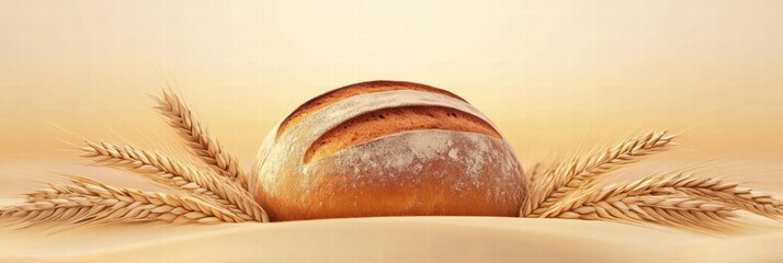 Fototapete - Minimalist bread loaf with wheat grains displayed against a soft, neutral background for text placement. Generative AI