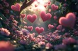© c80 - Romantic forest filled with floating hearts and blooming flowers during golden hour