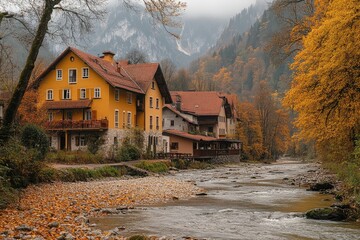 Wall Mural - Colorful houses lining the riverbank in a picturesque autumn valley