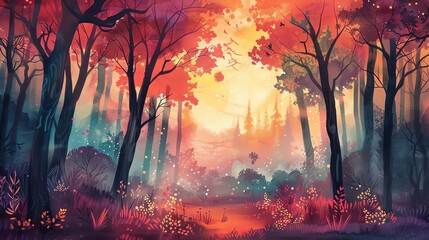 Wall Mural - A digital illustration of a magical forest with red and orange colors.