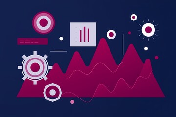 Wall Mural - Data Driven Growth: Abstract design of a growing graph with gears and data symbols representing technological advancement and business growth.  