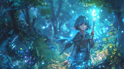 Sticker - An anime-style illustration of a girl in a forest with glowing lights.