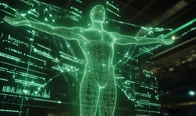 Wall Mural - Glowing green human body model with data streams.