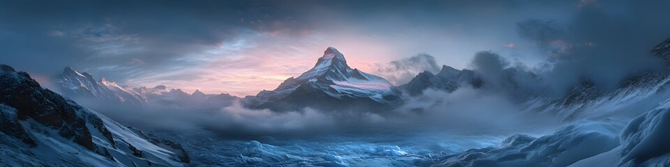 Poster - Panoramic view of the Matterhorn glowing softly under the first light of dawn. with the surrounding glaciers shimmering in cold blue hues. in 4K resolution