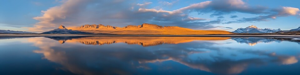 Fototapete - A panoramic view of the Torres del Paine towers glowing under the golden light of sunrise. reflected in the calm waters of Laguna Amarga. in 4K resolution