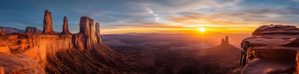 Poster - Panoramic view of the Three Towers illuminated by the first rays of sunrise. with the surrounding valleys glowing softly under golden light. in 4K resolution